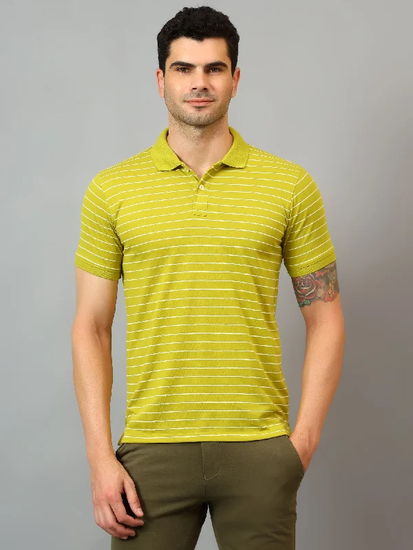 Cantabil Men's Green Striped Polo Neck Half Sleeve T-shirt