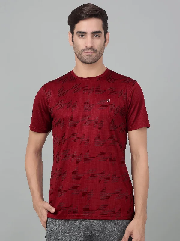 Cantabil Men's Red Printed Half Sleeve Activewear T-shirt