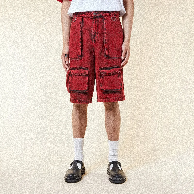 FUTURE BOY DENIM CARPENTER SHORTS - ACID WASH RED