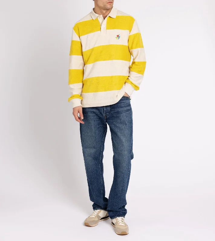 Howlin' A Barrel Of Fun Striped Terry Towel Long Sleeve Polo Shirt: Daffodil