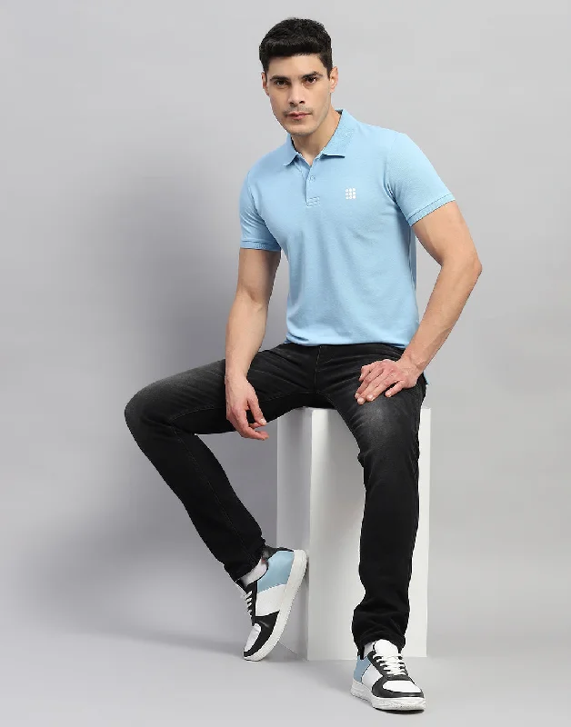 Men Blue Solid Polo Collar Half Sleeve T-Shirt