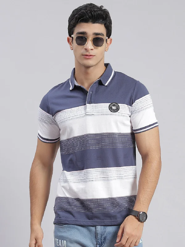 Men Blue Stripe Collar Half Sleeve T-Shirts