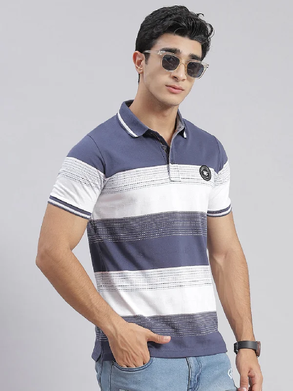 Men Blue Stripe Collar Half Sleeve T-Shirts