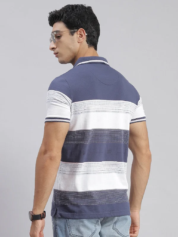 Men Blue Stripe Collar Half Sleeve T-Shirts