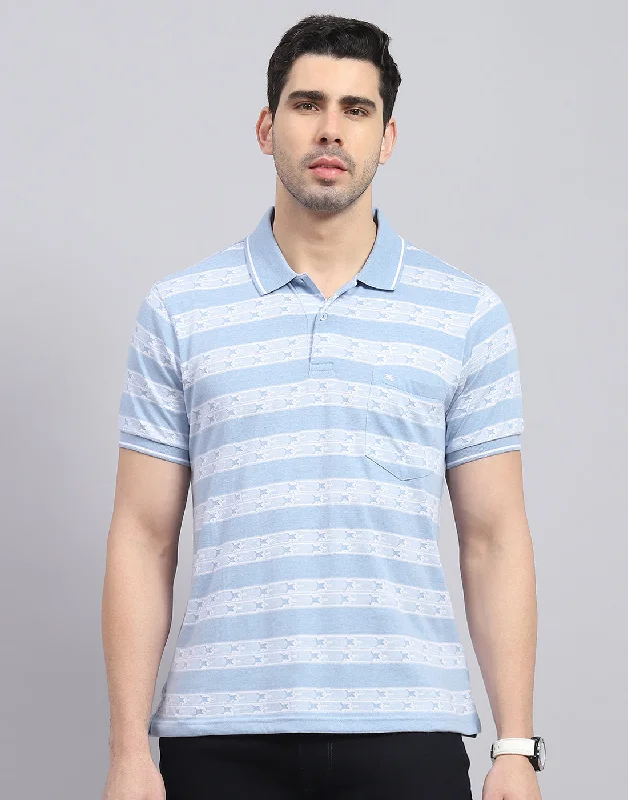 Men Blue Stripe Polo Collar Half Sleeve T-Shirt