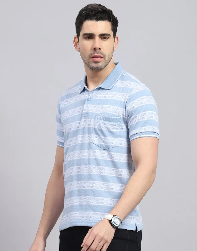 Men Blue Stripe Polo Collar Half Sleeve T-Shirt