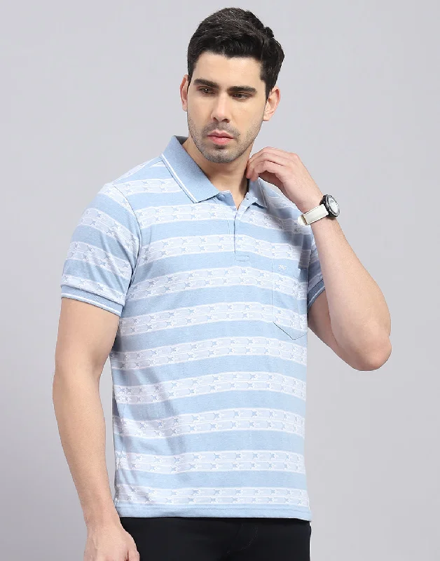 Men Blue Stripe Polo Collar Half Sleeve T-Shirt