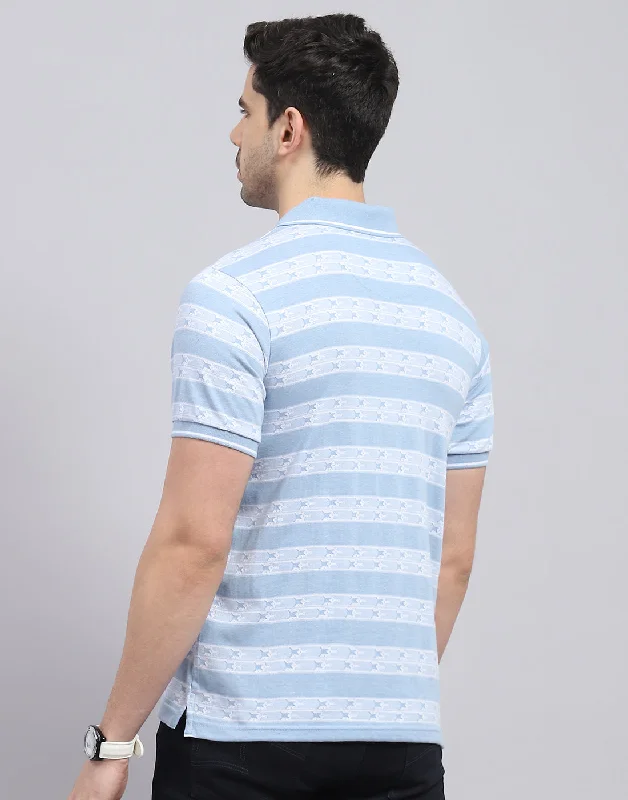 Men Blue Stripe Polo Collar Half Sleeve T-Shirt