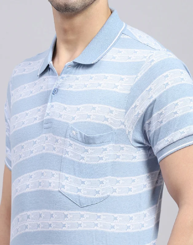 Men Blue Stripe Polo Collar Half Sleeve T-Shirt