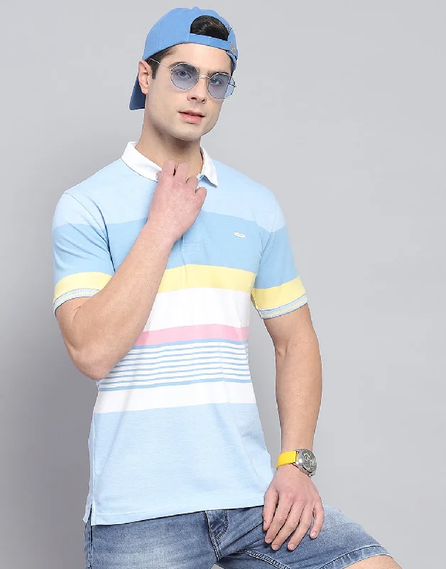 Men Blue Stripe Polo Collar Half Sleeve T-Shirt