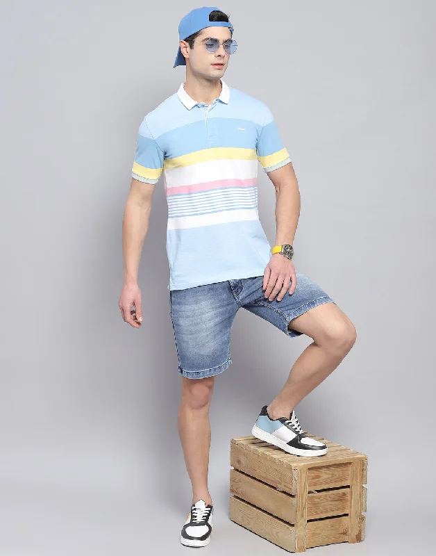 Men Blue Stripe Polo Collar Half Sleeve T-Shirt