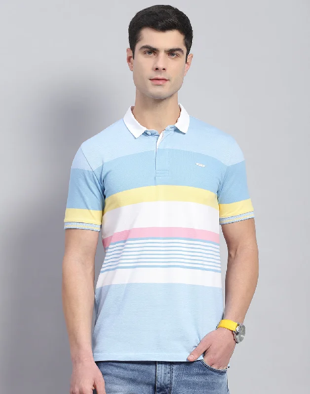 Men Blue Stripe Polo Collar Half Sleeve T-Shirt