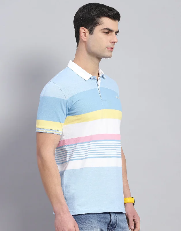 Men Blue Stripe Polo Collar Half Sleeve T-Shirt