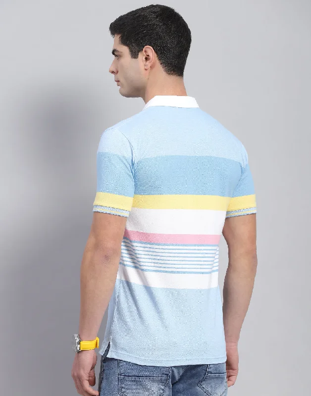 Men Blue Stripe Polo Collar Half Sleeve T-Shirt