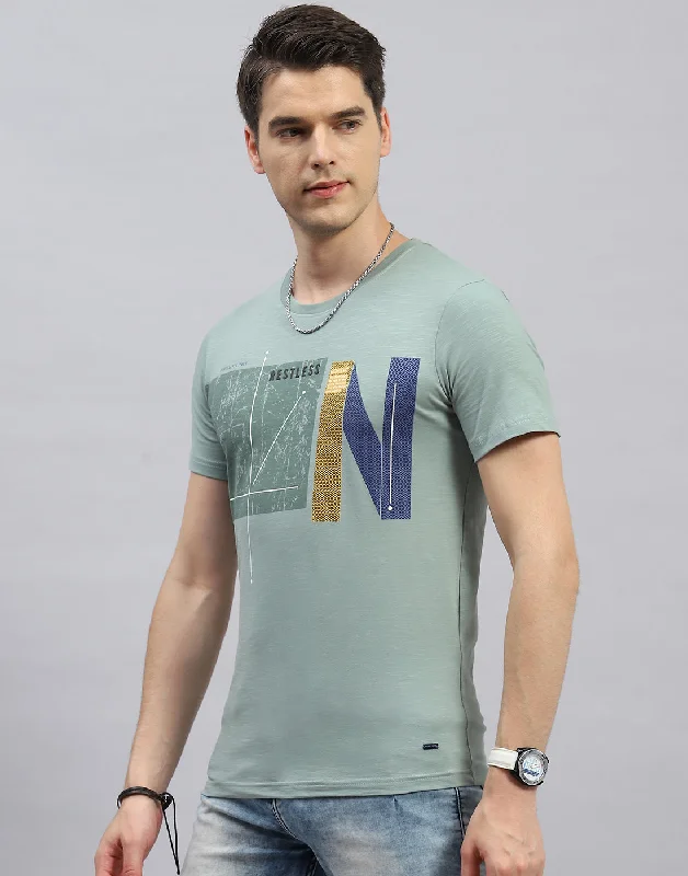 Men Green Printed Round Neck Half Sleeve T-Shirt