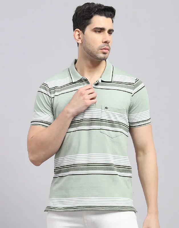 Men Green Stripe Polo Collar Half Sleeve T-Shirt