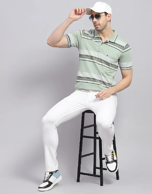 Men Green Stripe Polo Collar Half Sleeve T-Shirt