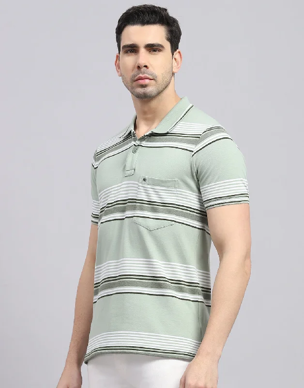 Men Green Stripe Polo Collar Half Sleeve T-Shirt