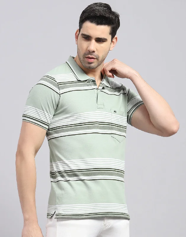 Men Green Stripe Polo Collar Half Sleeve T-Shirt