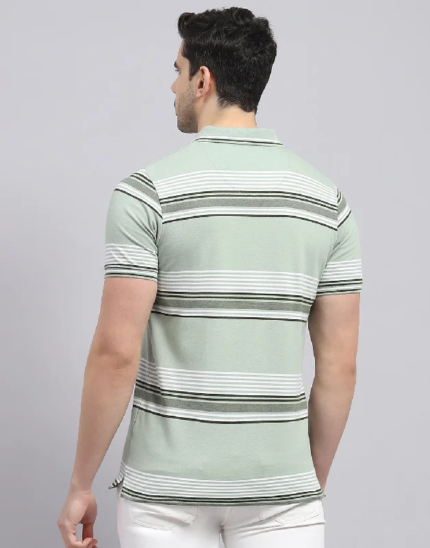 Men Green Stripe Polo Collar Half Sleeve T-Shirt