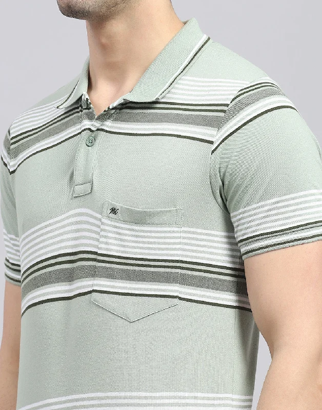 Men Green Stripe Polo Collar Half Sleeve T-Shirt