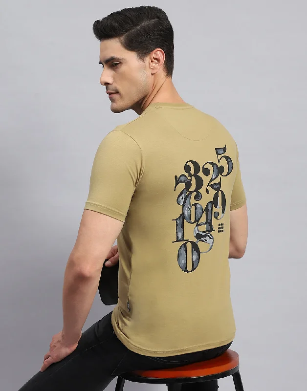 Men Khaki Printed Round Neck Half Sleeve T-Shirt