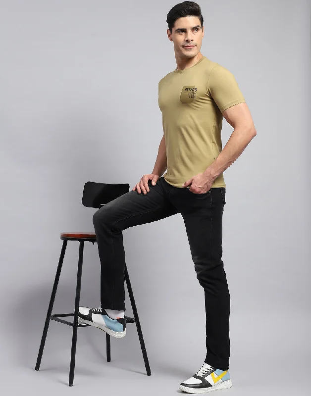 Men Khaki Printed Round Neck Half Sleeve T-Shirt