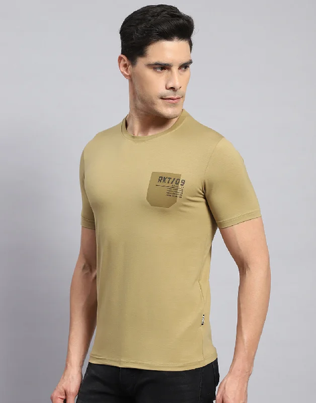 Men Khaki Printed Round Neck Half Sleeve T-Shirt