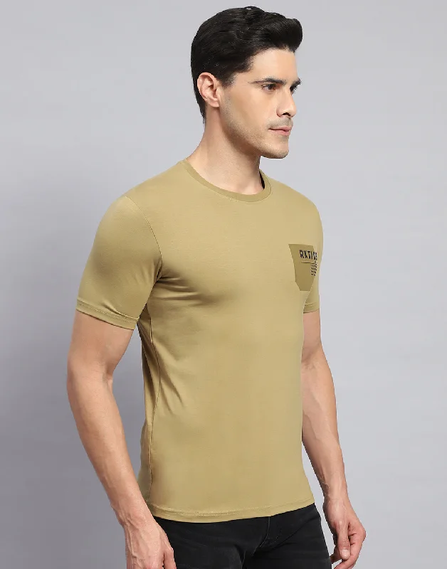 Men Khaki Printed Round Neck Half Sleeve T-Shirt