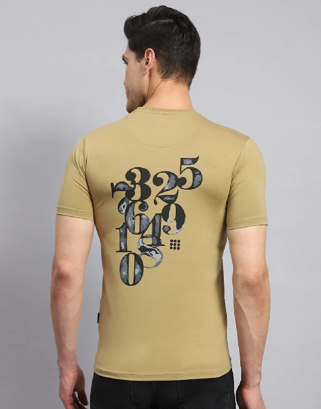 Men Khaki Printed Round Neck Half Sleeve T-Shirt