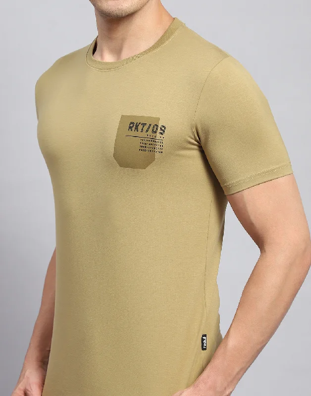 Men Khaki Printed Round Neck Half Sleeve T-Shirt