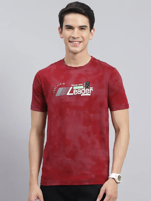 Men Maroon Printed Cotton Blend T-Shirt