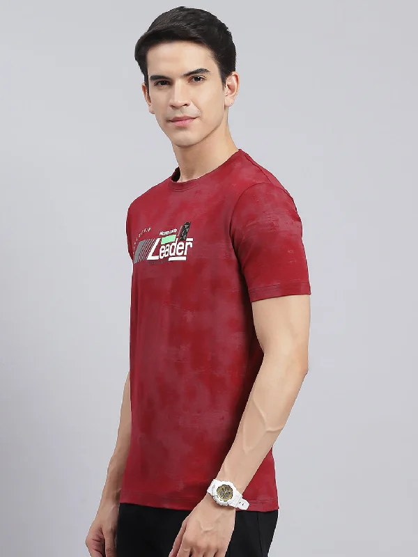 Men Maroon Printed Cotton Blend T-Shirt