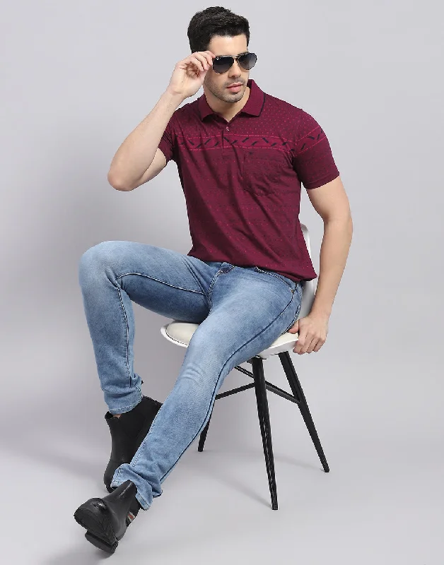 Men Maroon Printed Polo Collar Half Sleeve T-Shirt