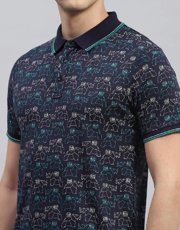 Men Navy Blue Printed Polo Collar Half Sleeve T-Shirt