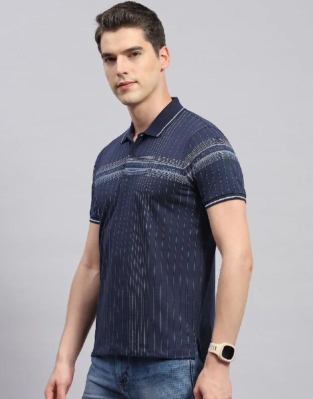 Men Navy Blue Printed Polo Collar Half Sleeve T-Shirt