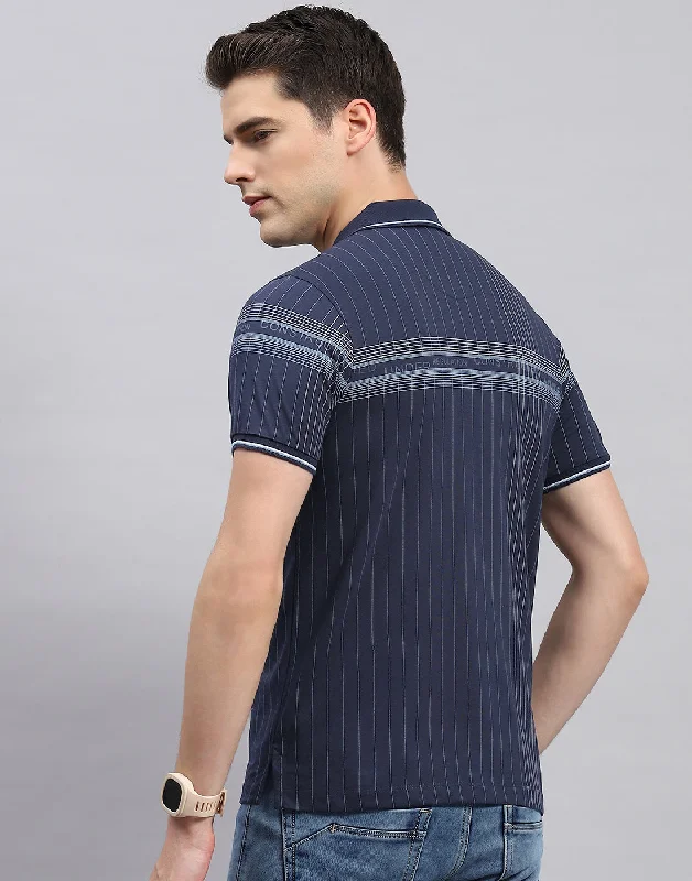 Men Navy Blue Printed Polo Collar Half Sleeve T-Shirt