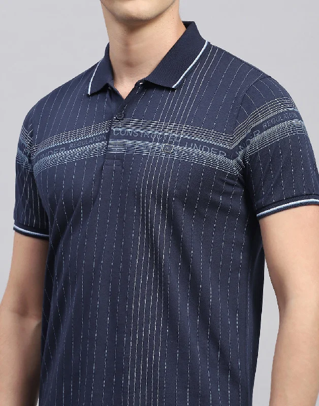 Men Navy Blue Printed Polo Collar Half Sleeve T-Shirt