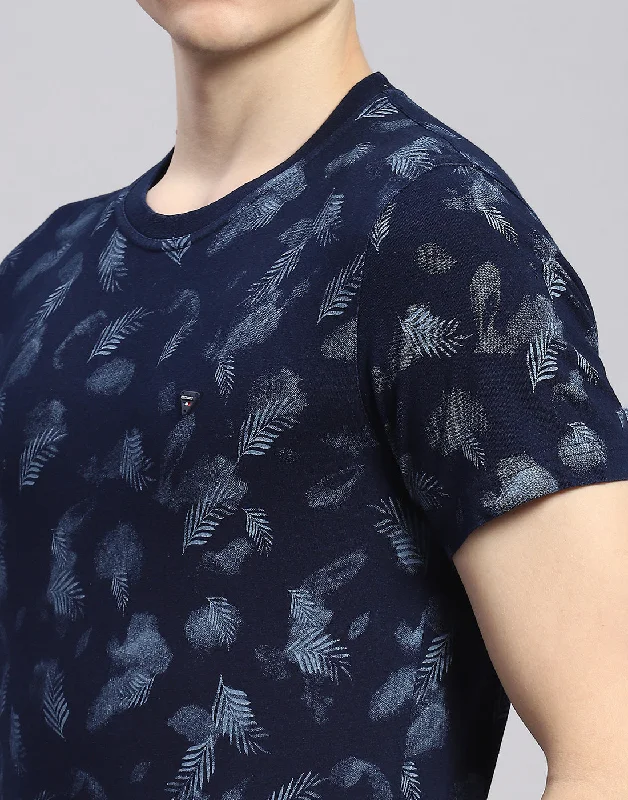 Men Navy Blue Printed Round Neck Half Sleeve T-Shirt