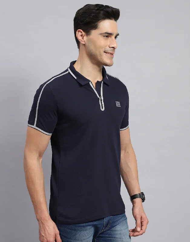 Men Navy Blue Solid Collar Half Sleeve T-Shirt