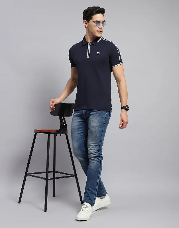 Men Navy Blue Solid Collar Half Sleeve T-Shirt