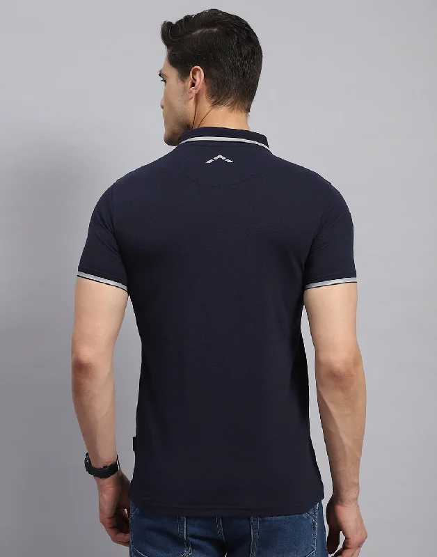 Men Navy Blue Solid Collar Half Sleeve T-Shirt