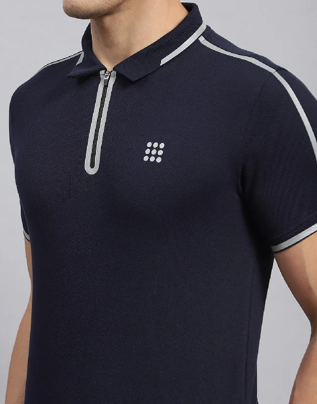 Men Navy Blue Solid Collar Half Sleeve T-Shirt