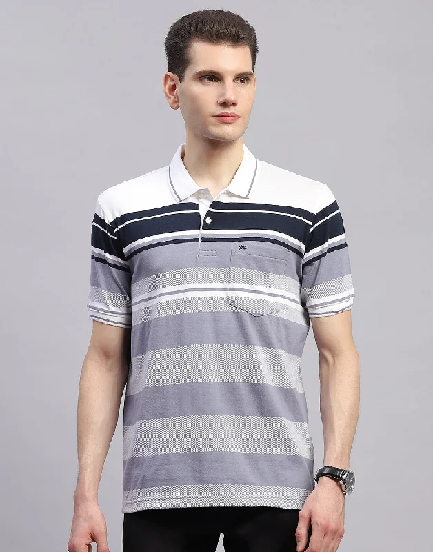 Men Navy Blue Stripe Collar Half Sleeve T-Shirt