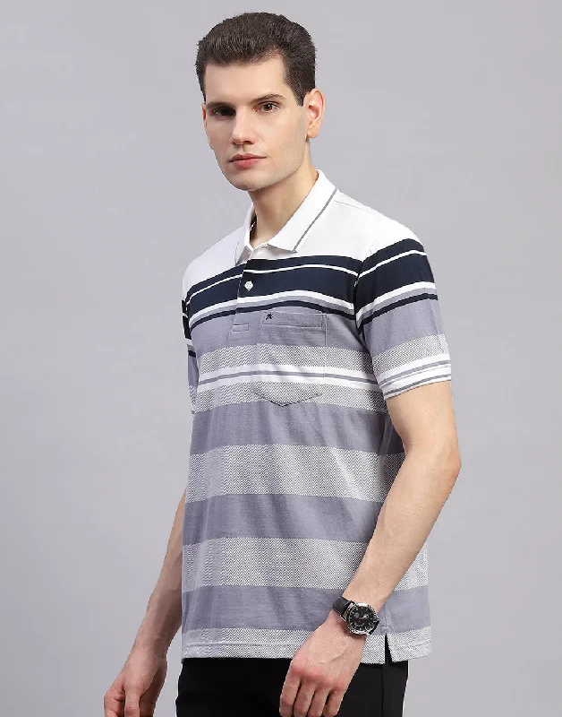 Men Navy Blue Stripe Collar Half Sleeve T-Shirt