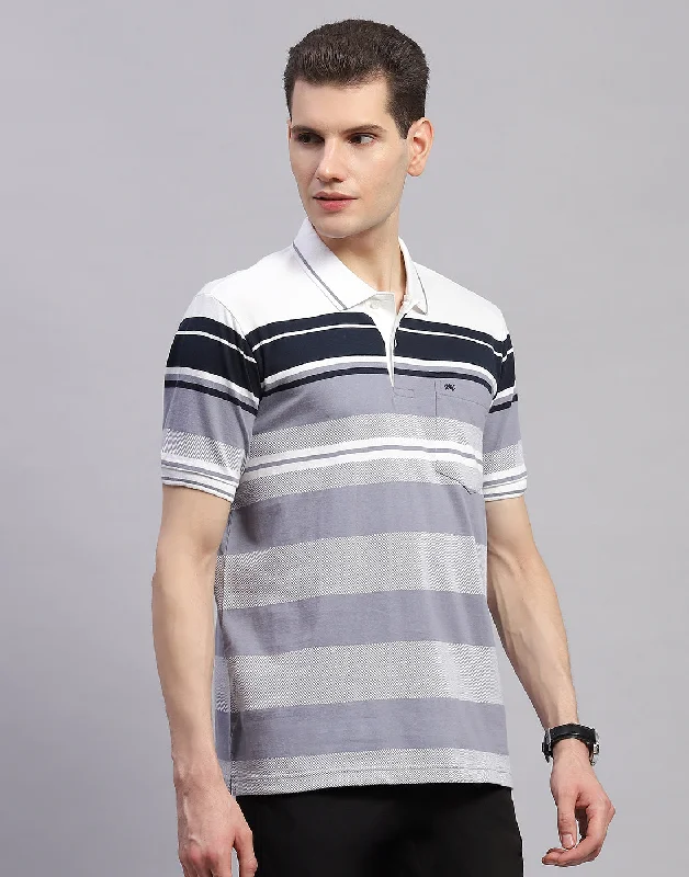 Men Navy Blue Stripe Collar Half Sleeve T-Shirt