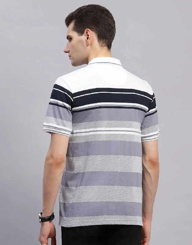 Men Navy Blue Stripe Collar Half Sleeve T-Shirt