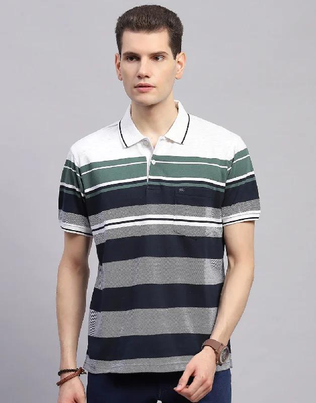 Men Navy Blue Stripe Collar Half Sleeve T-Shirt