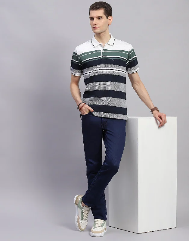 Men Navy Blue Stripe Collar Half Sleeve T-Shirt