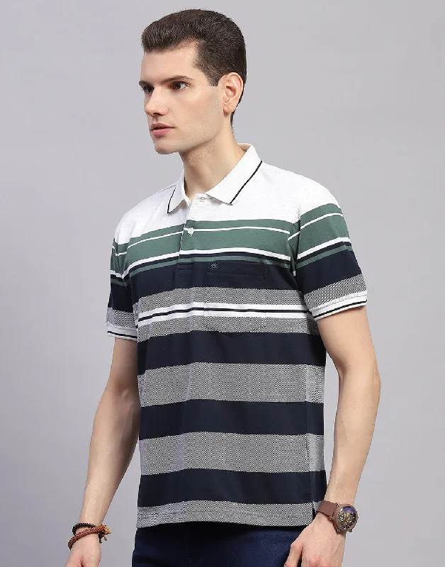 Men Navy Blue Stripe Collar Half Sleeve T-Shirt